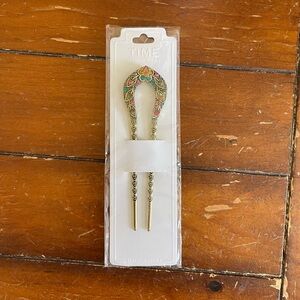 Ornate Floral Metal Hair Fork in Gold with Pink & Turquoise Accents